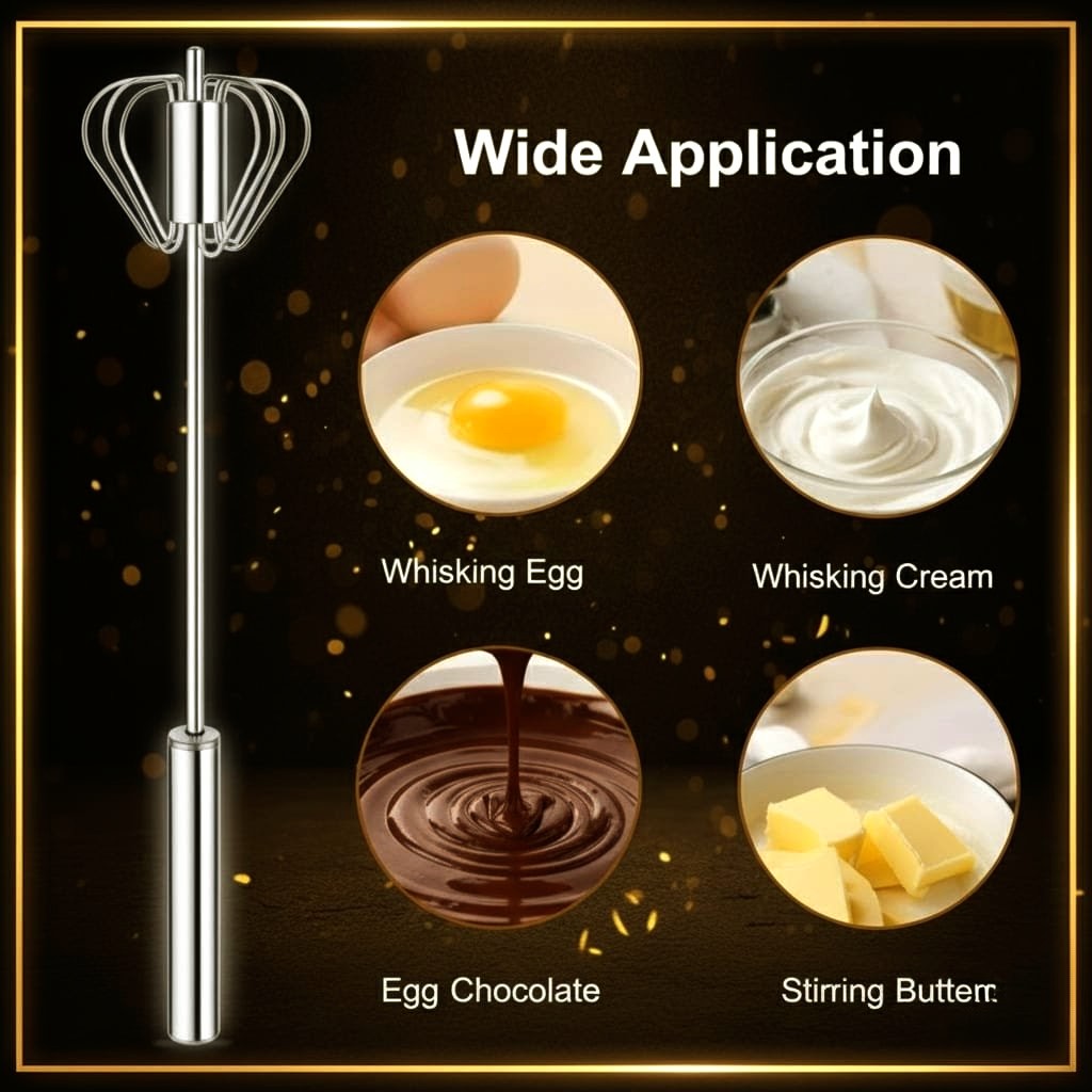 Premium Stainless Steel Self-Turning Whisk – Semi-Automatic Hand Mixer