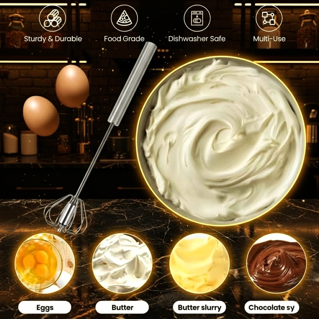 Premium Stainless Steel Self-Turning Whisk – Semi-Automatic Hand Mixer